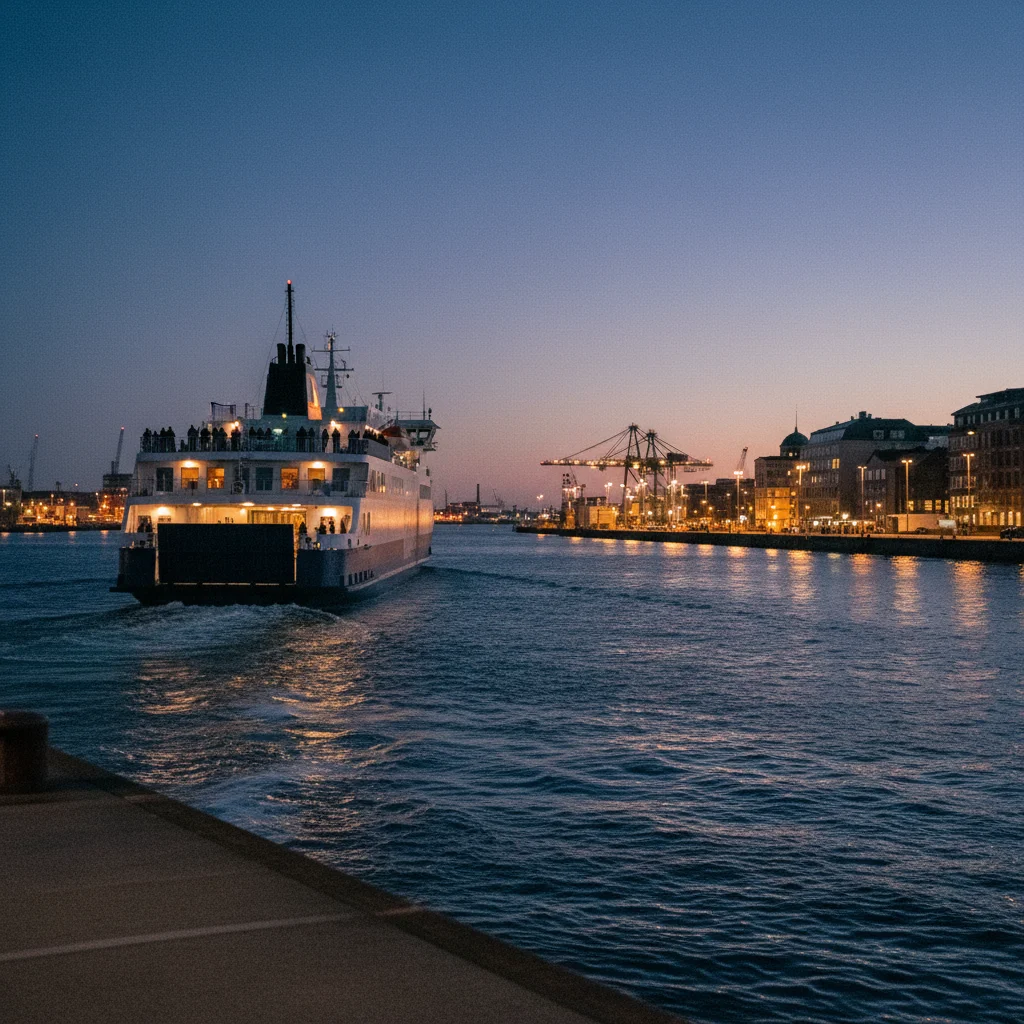 Fähre im Kieler Hafen bei der Abfahrt am Abend