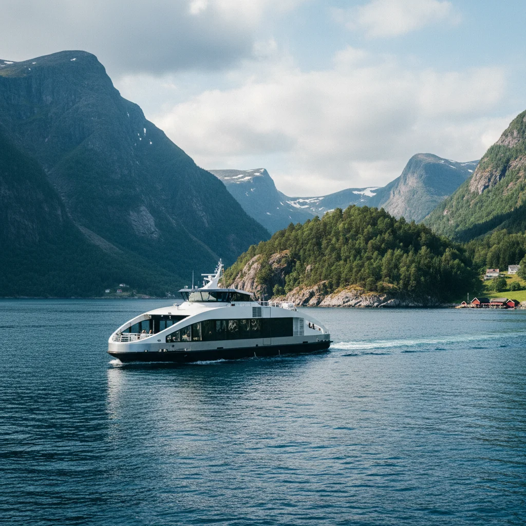Moderne Elektrofähre an der norwegischen Küste