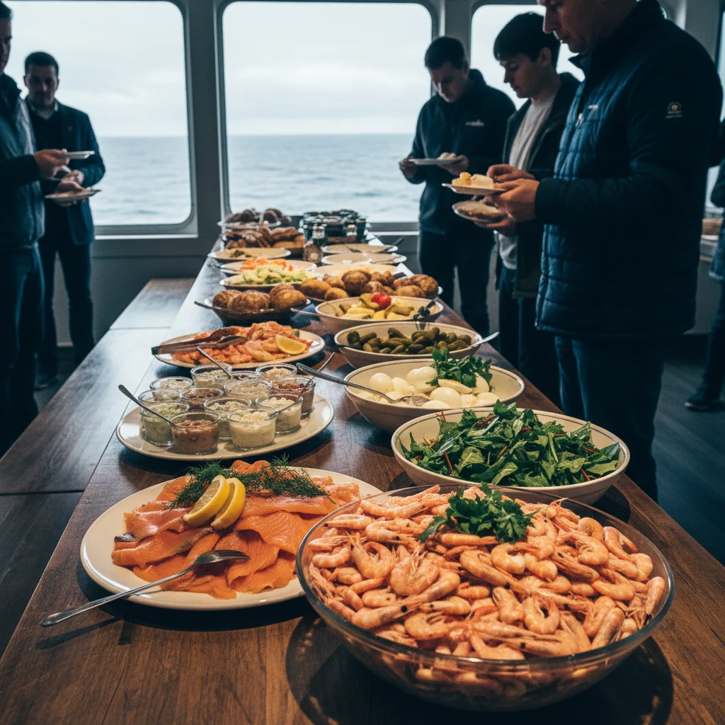 Skandinavisches Fährbuffet mit Lachs und Garnelen