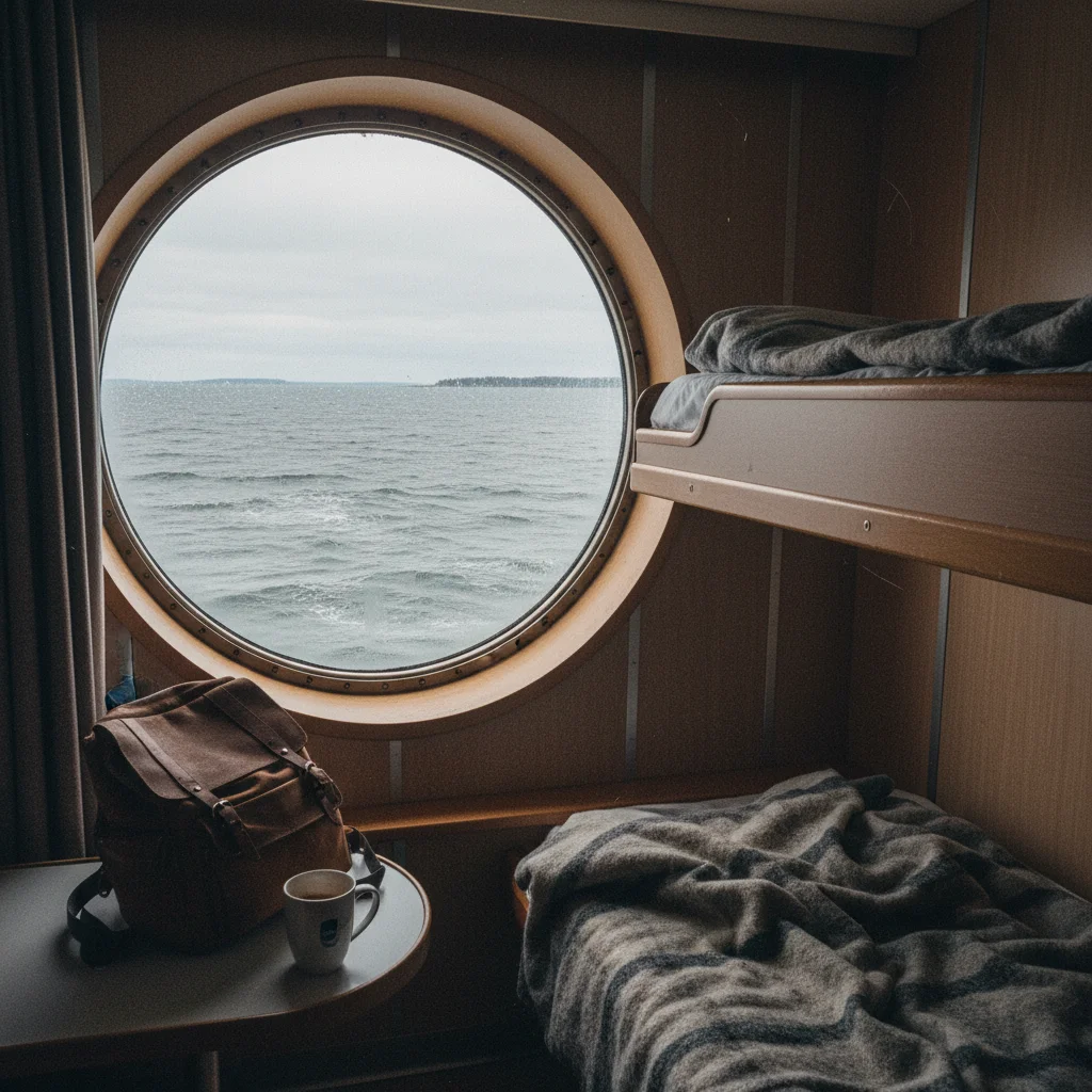 Kabine auf einer Ostseefähre mit Blick aus dem Fenster