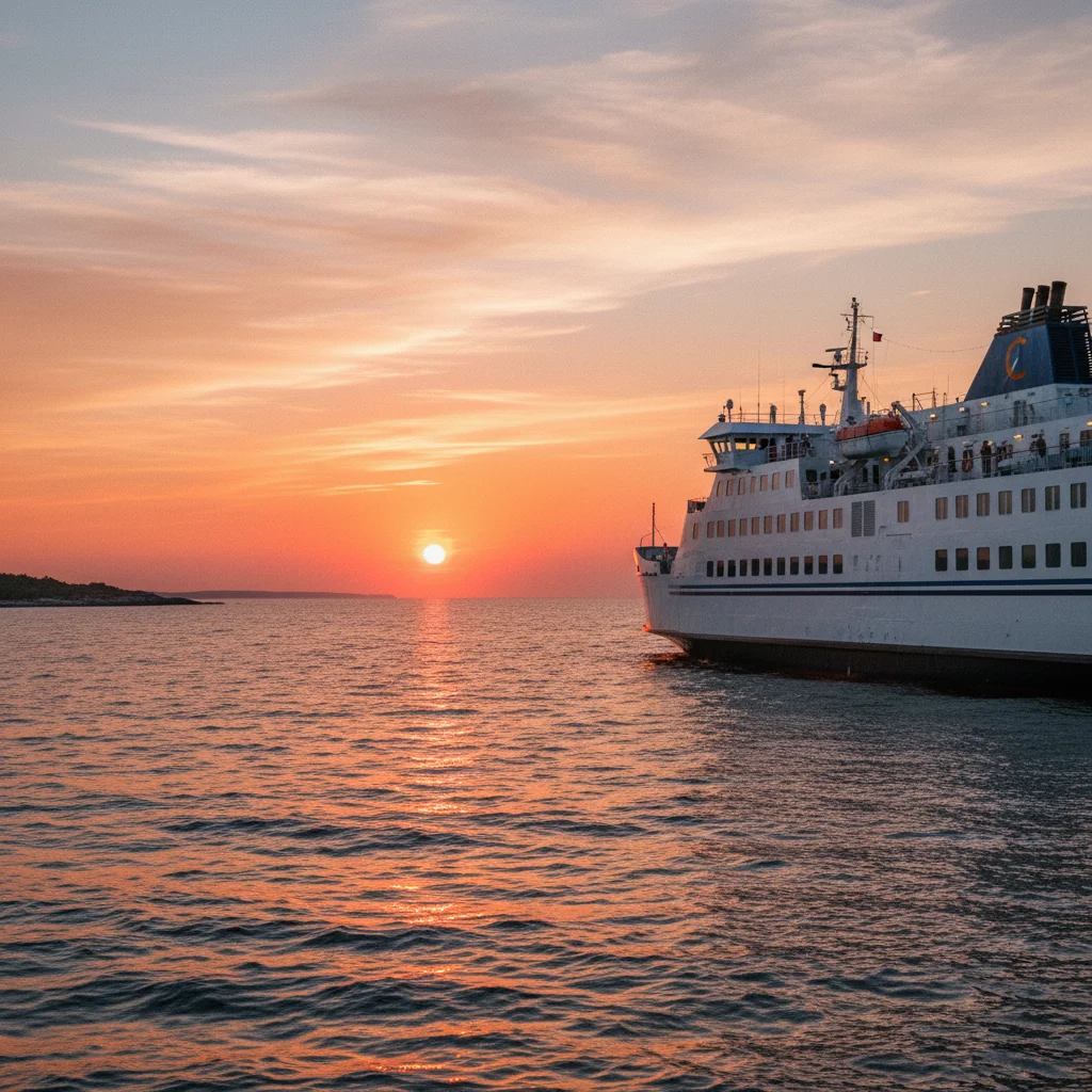 Fähre auf der Ostsee bei Sonnenuntergang