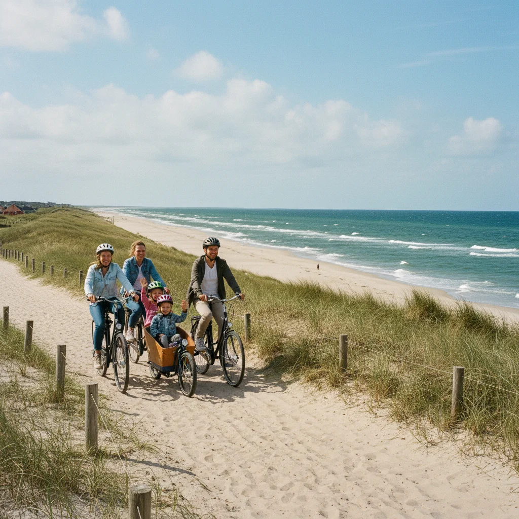 Familie auf Fahrrädern an der dänischen Küste