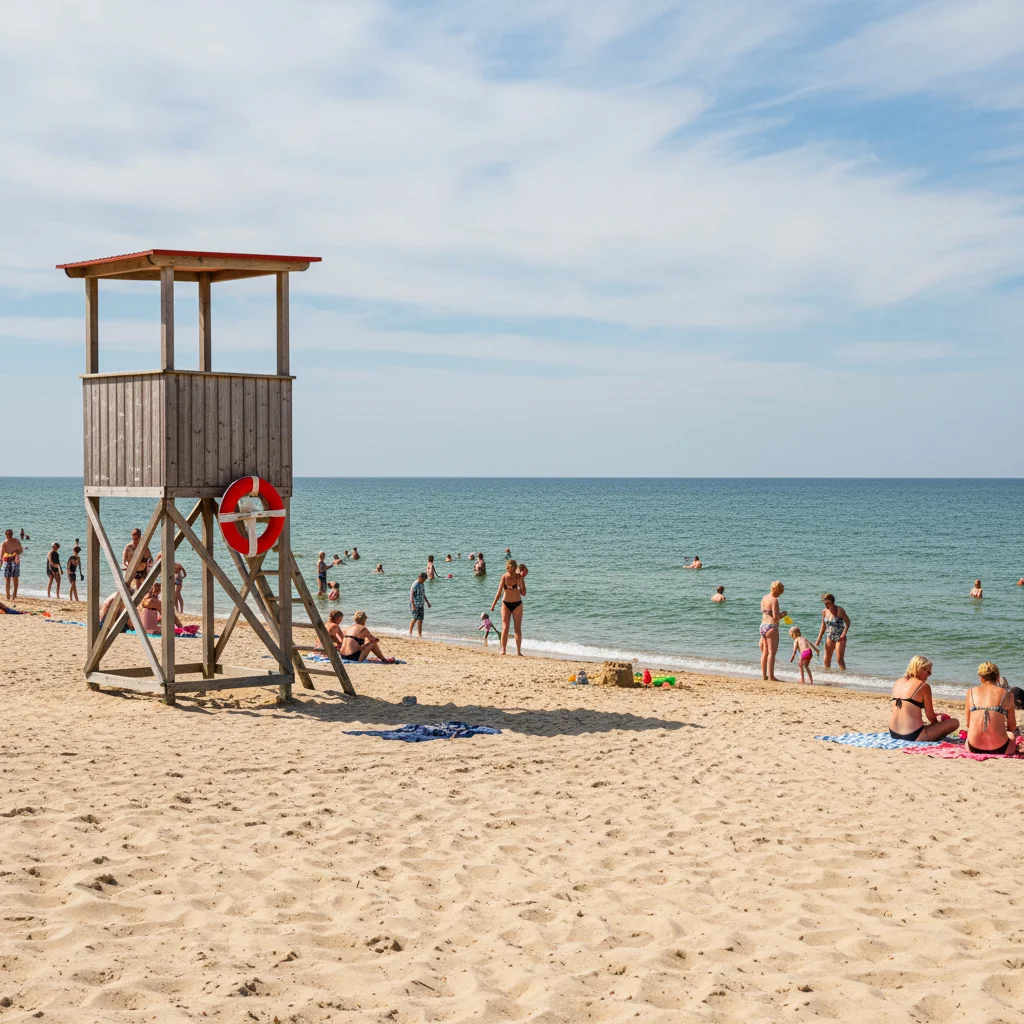Blaue-Flagge-Strand in Dänemark mit Rettungsschwimmerturm und Badegästen