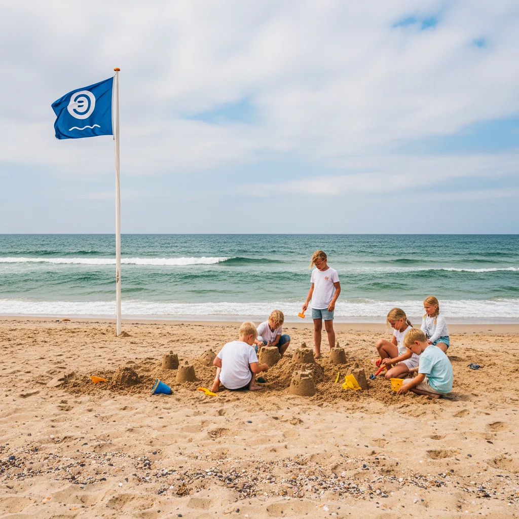 Kinder bauen Sandburgen am dänischen Strand mit Blaue-Flagge-Beflaggung