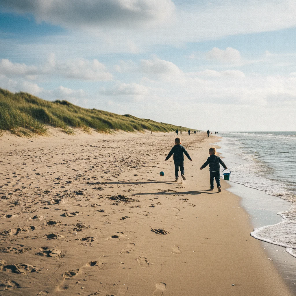 Breiter Sandstrand an der dänischen Nordseeküste mit Dünen und spielenden Kindern