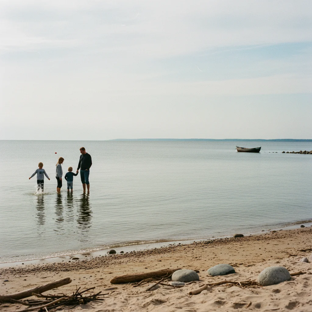 Ruhiger Ostseestrand in Dänemark mit flachem Wasser und einer Familie am Ufer