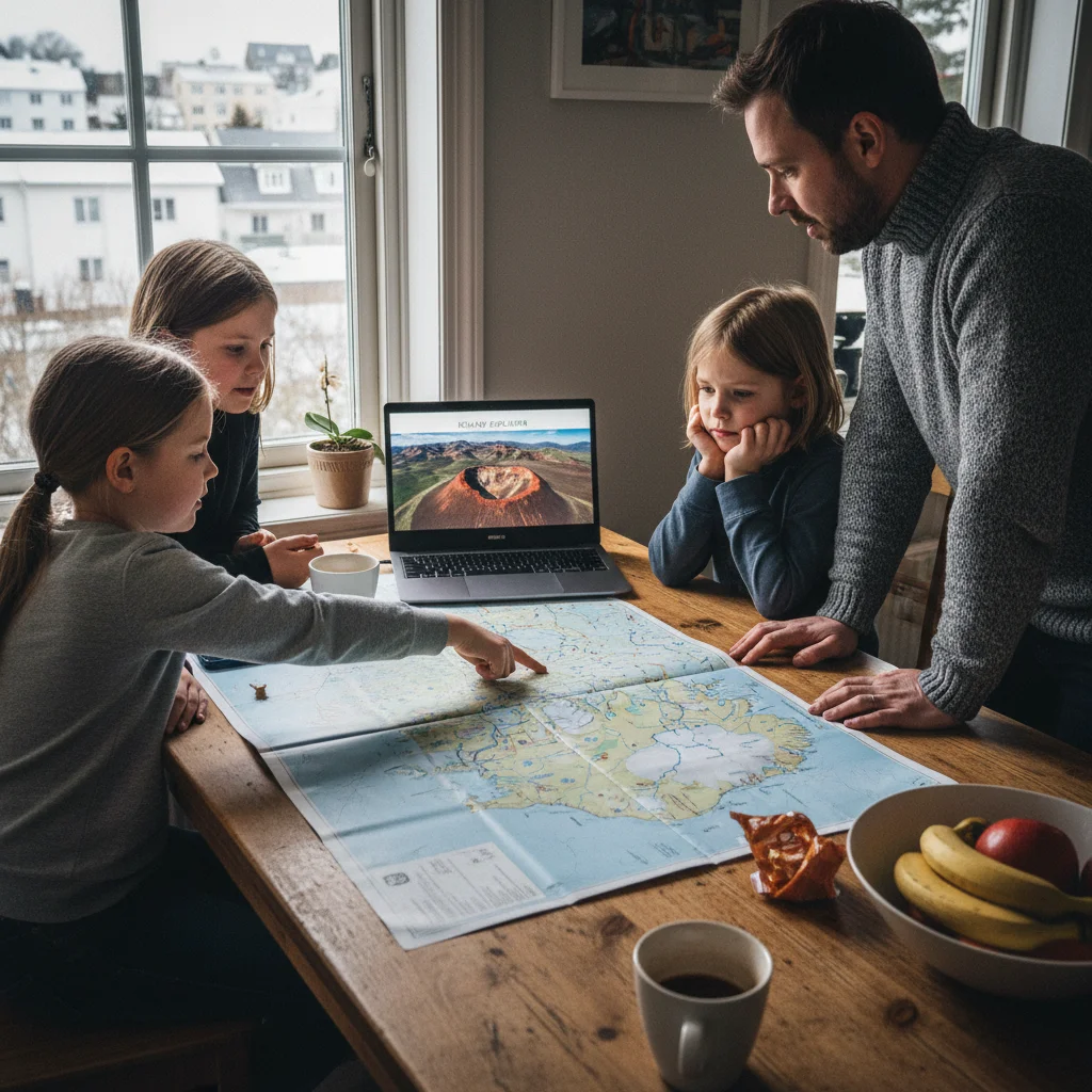 Familie plant Islandreise am Küchentisch mit Karte und Laptop