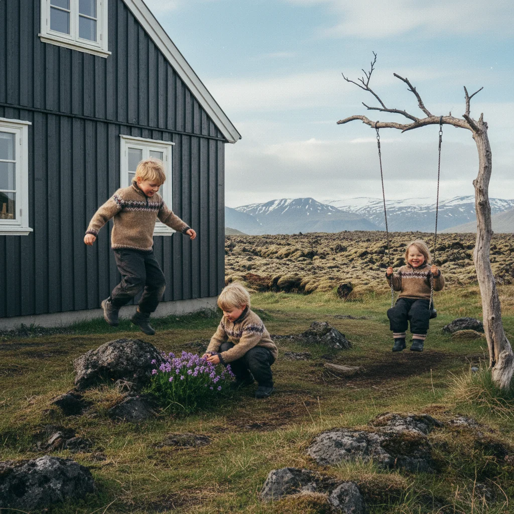 Kinder spielen vor einem isländischen Ferienhaus in der Natur
