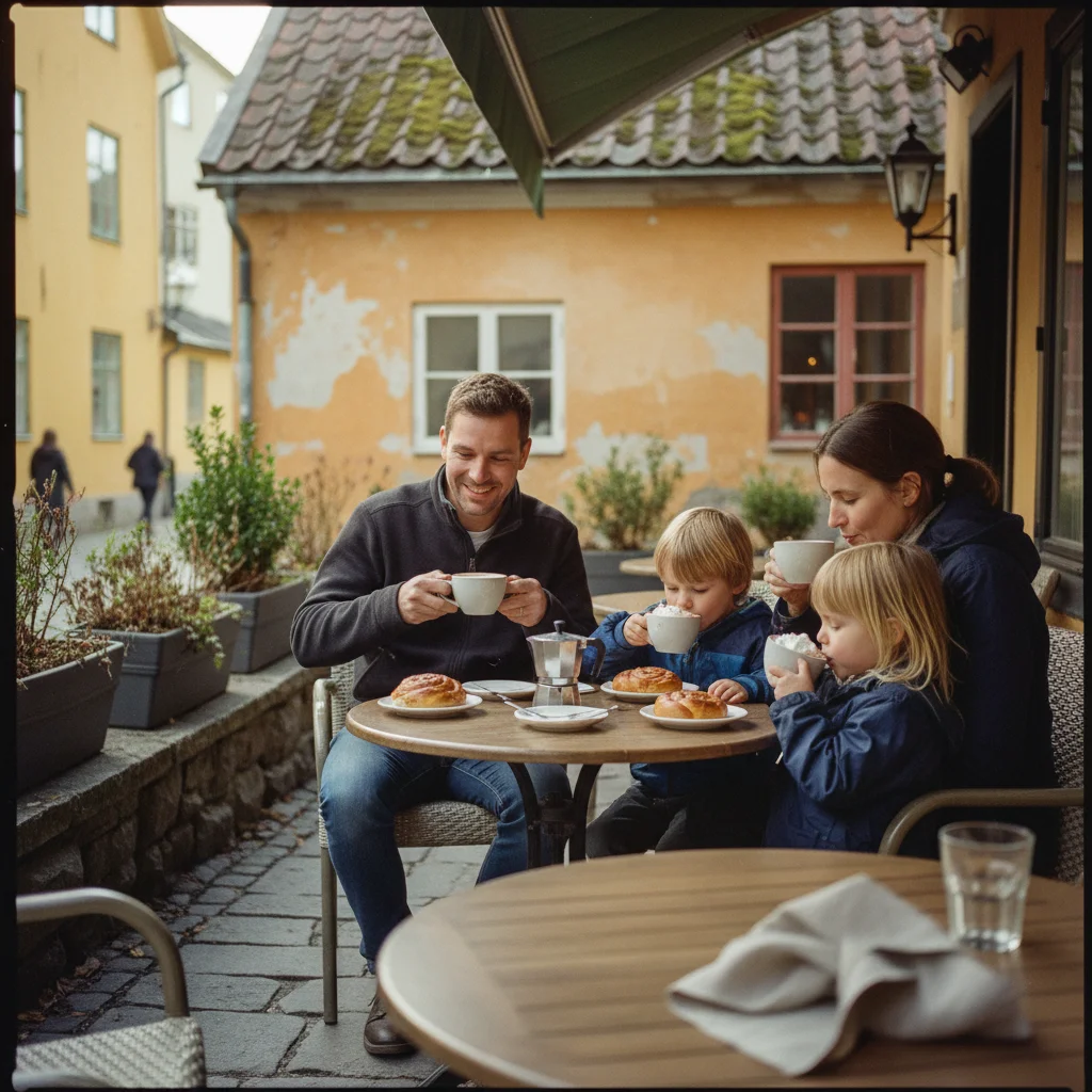 Familie bei der schwedischen Fika mit Zimtschnecken und Saft