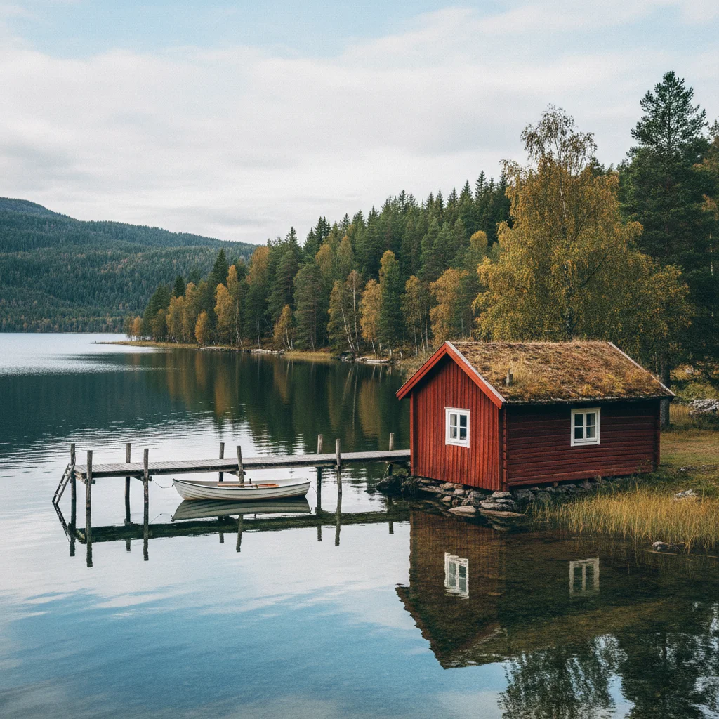 Rotes Ferienhaus an einem skandinavischen See mit Holzsteg