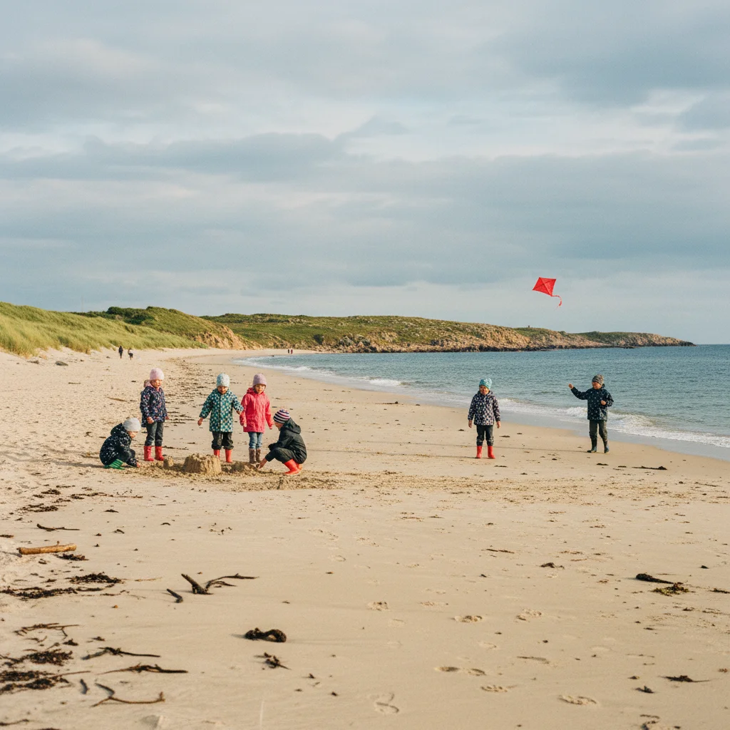 Kinder spielen an einem breiten skandinavischen Sandstrand
