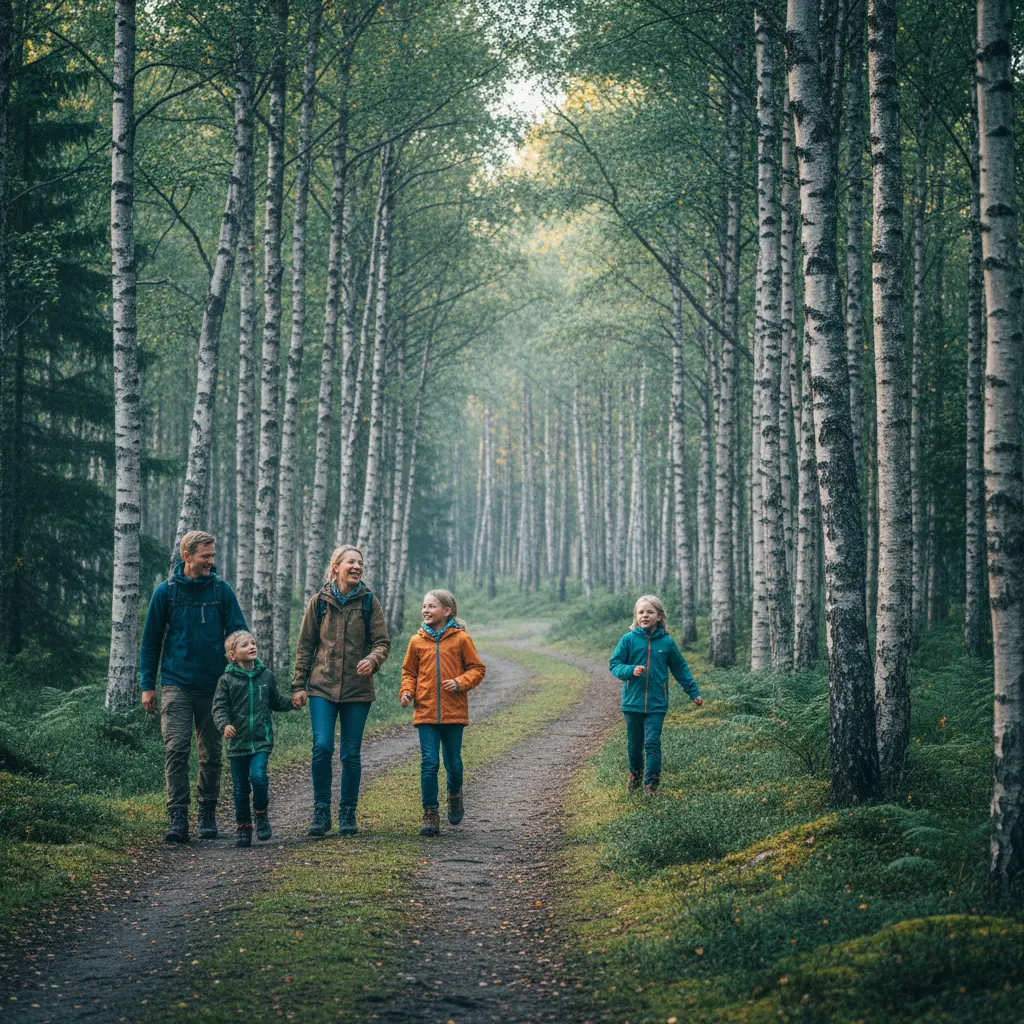 Familie wandert auf einem Pfad durch skandinavischen Birkenwald