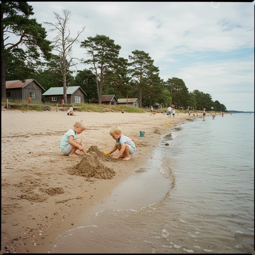 Kinder spielen am flachen Sandstrand eines schwedischen Sees