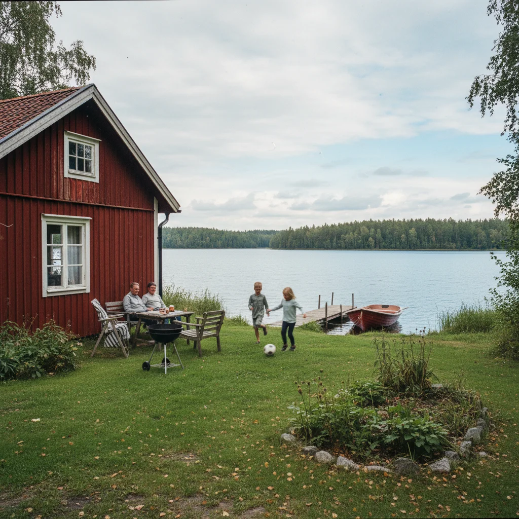 Rote schwedische Stuga am See mit Steg und Kindern beim Spielen