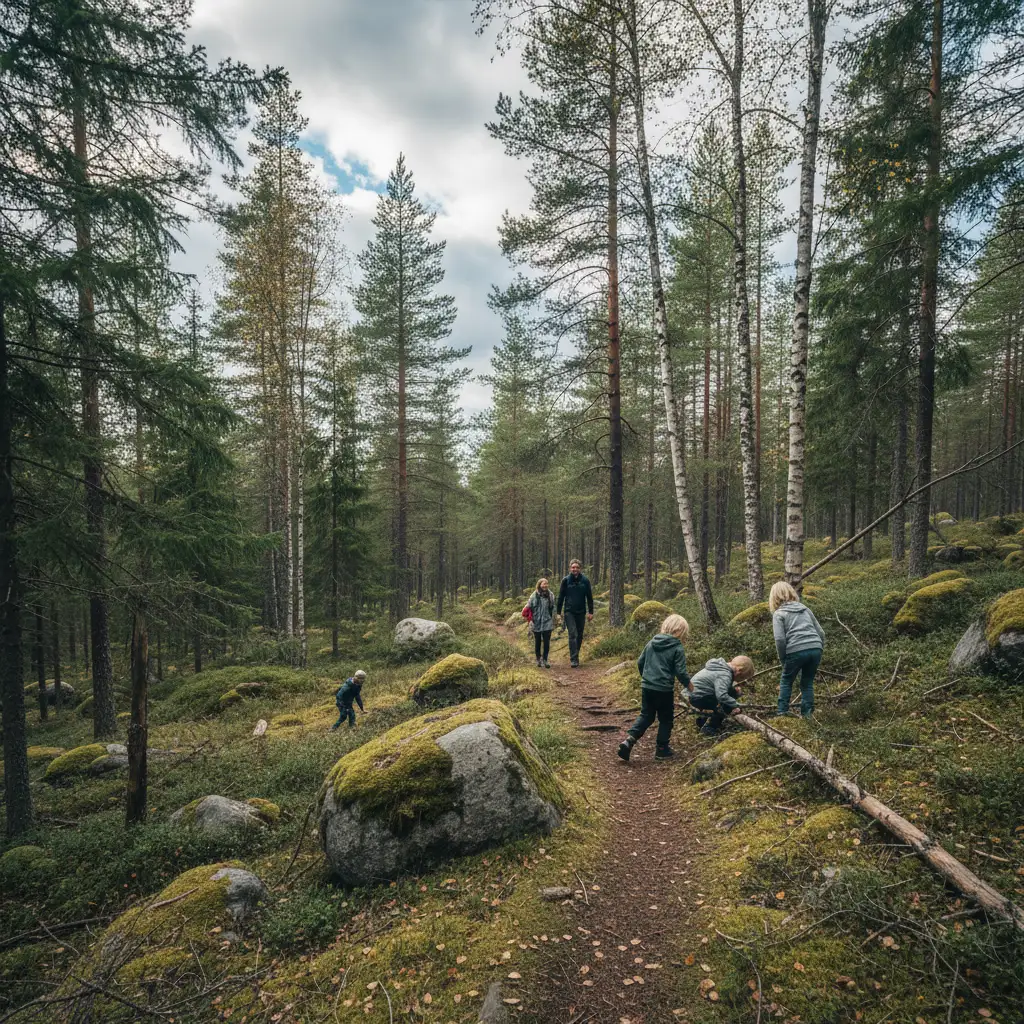 Familie beim Wandern auf einem Waldweg in Schweden mit Moos und Felsen
