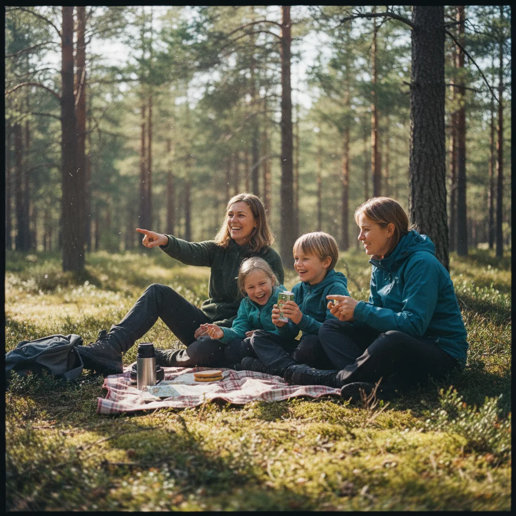 Familie beim Picknick auf einer Wanderung in der norwegischen Natur
