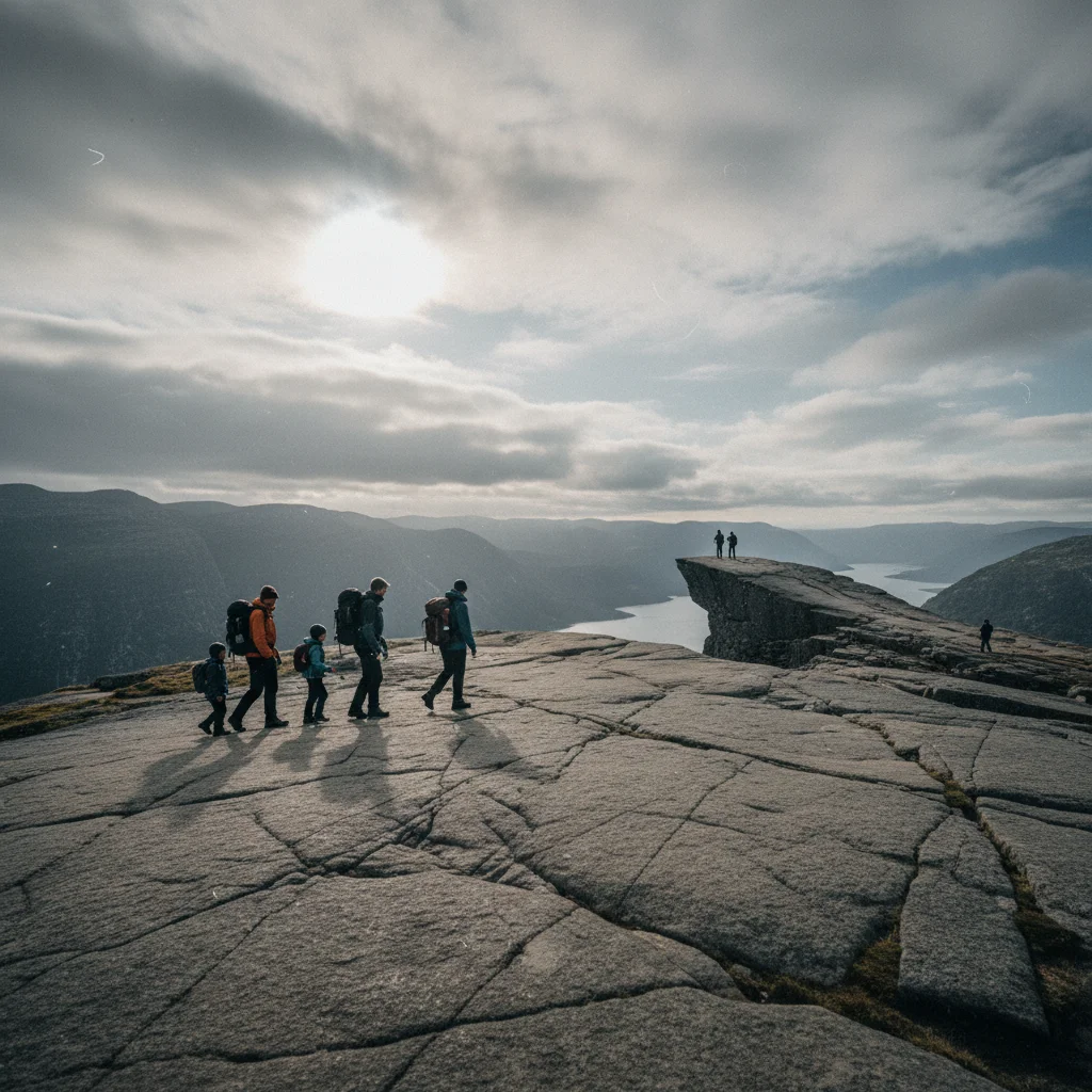 Familie beim Wandern auf einem leichten Fjellweg in Norwegen