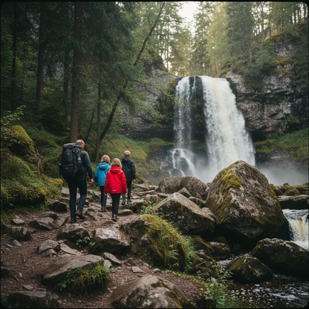 Familie vor einem Wasserfall bei einer Wanderung in Norwegen