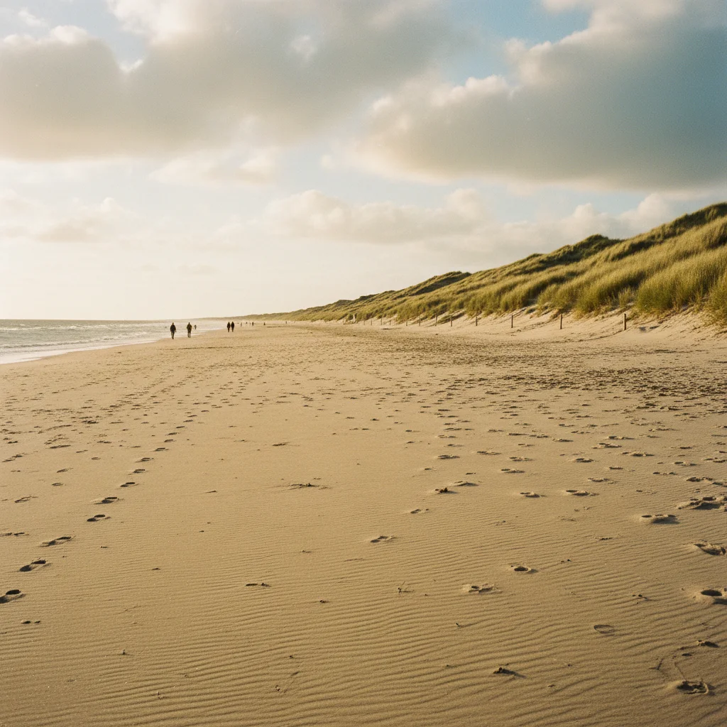 Breiter Sandstrand auf Fanø mit Dünen im Hintergrund