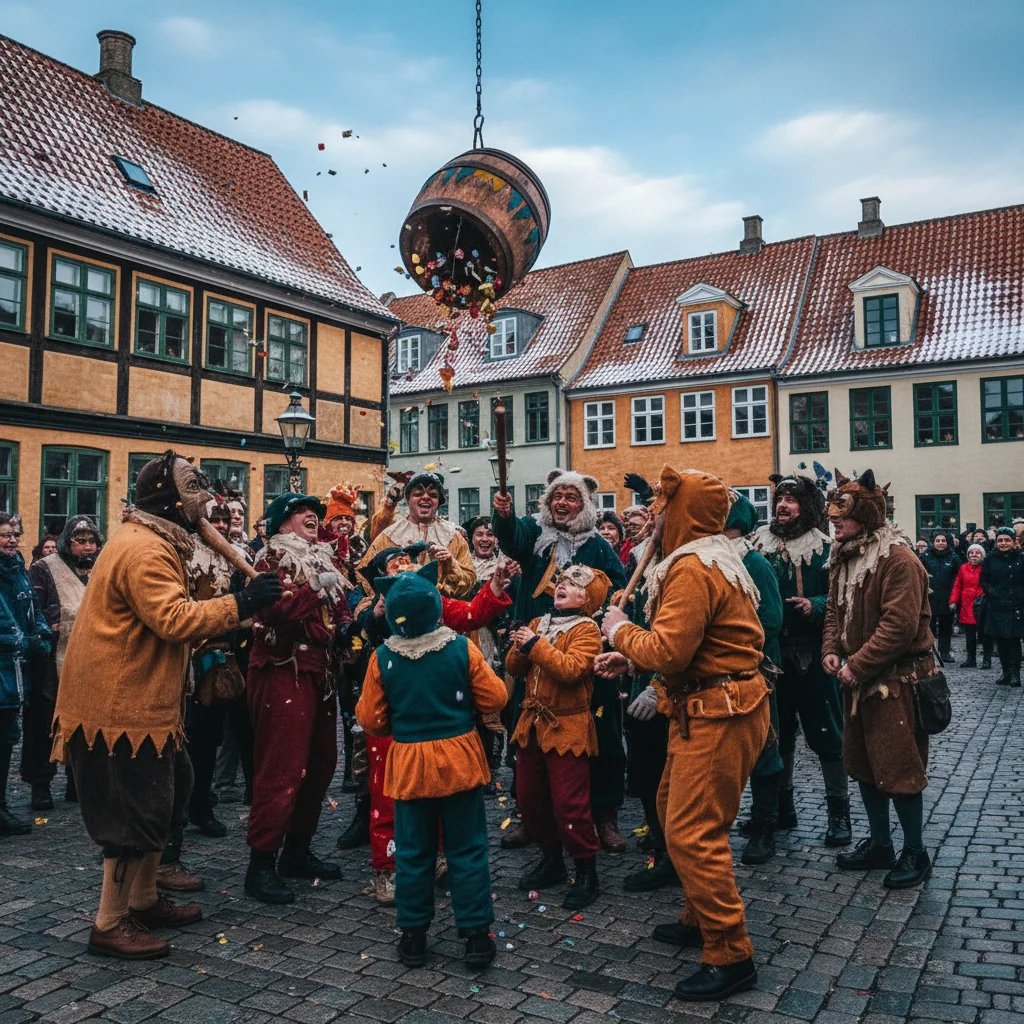 Historische Darstellung des Fastelavn-Brauchs in Dänemark