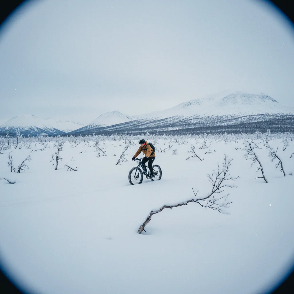 Fatbiker vor verschneiter Fjäll-Landschaft in Lappland