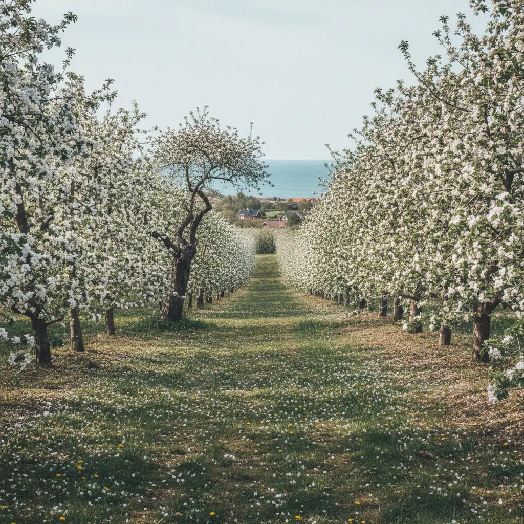 Blühende Apfelplantage auf Fejø im Frühling mit weißen Blüten