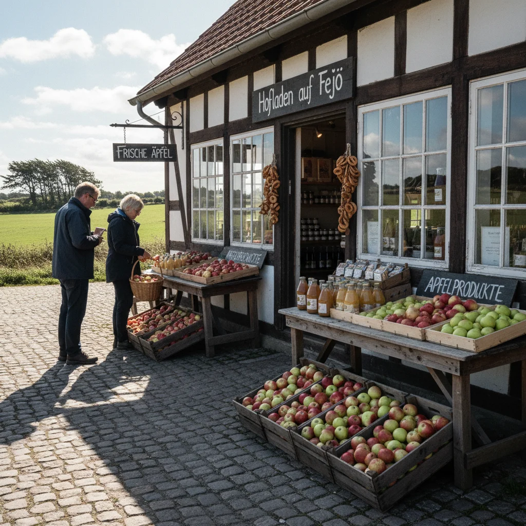 Hofladen auf Fejø mit frischen Äpfeln und Apfelprodukten