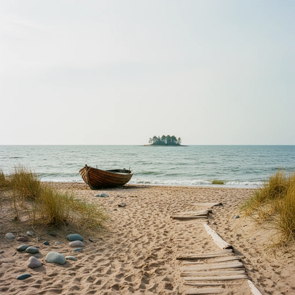Ruhiger Sandstrand auf Fejø mit Blick auf die Ostsee