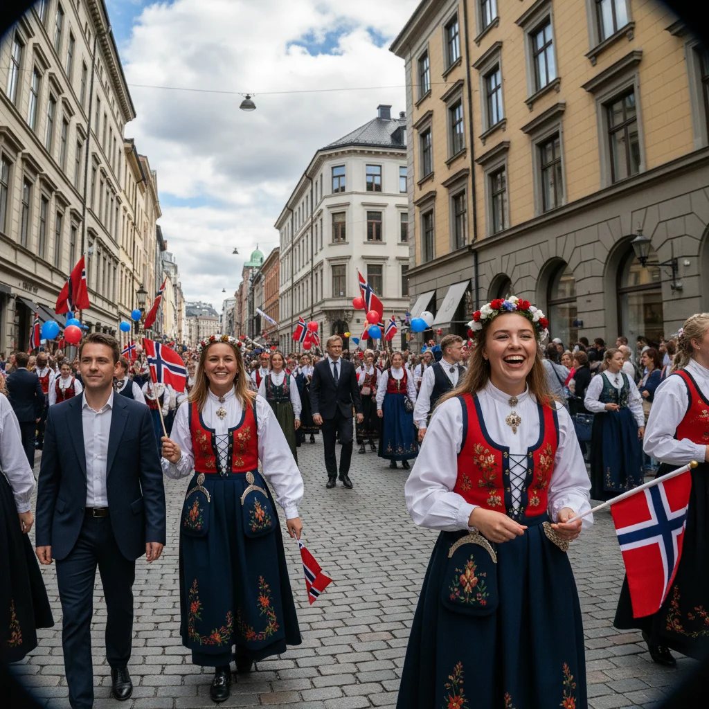 17. Mai Feier in Oslo mit Kinderumzug und Flaggen