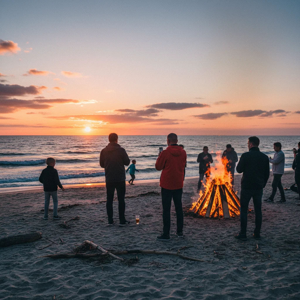 Sankt Hans Feuer am Strand in Dänemark bei Sonnenuntergang