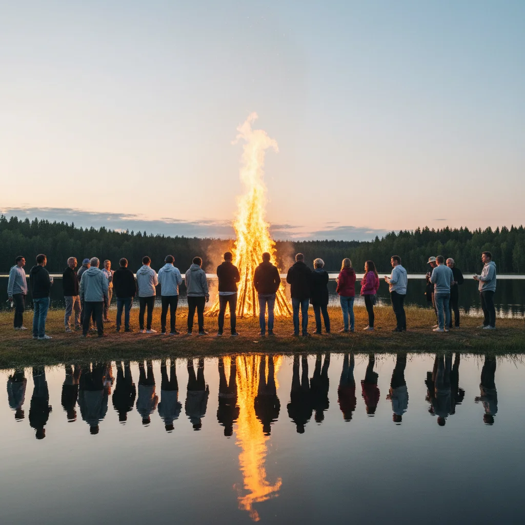 Juhannus-Feuer am See bei Mitternachtssonne in Finnland