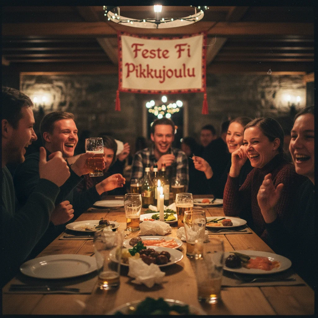 Pikkujoulu-Feier mit Glögi und Weihnachtsdekoration in Finnland