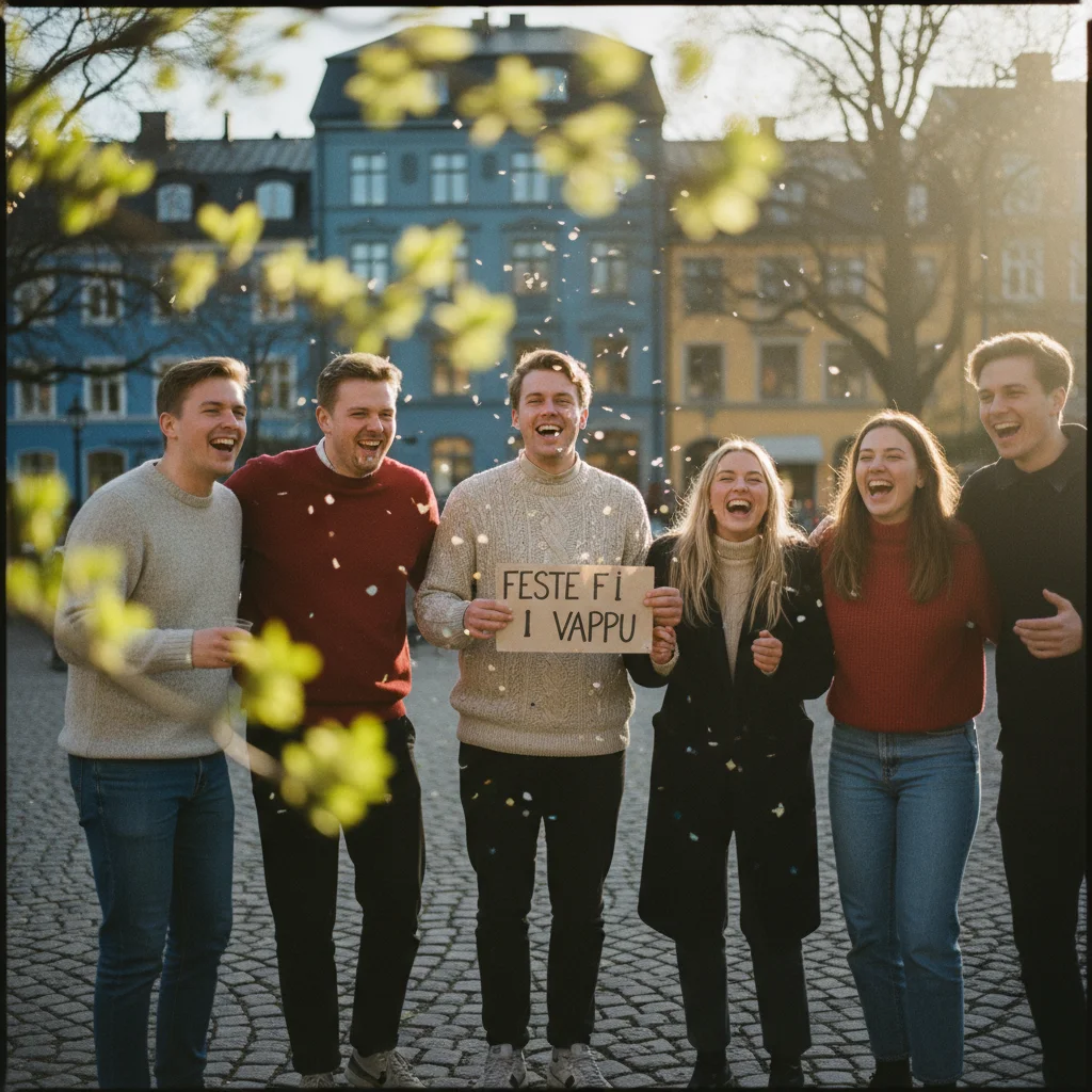Vappu-Feier in Helsinki mit Studentenmützen und Sekt im Park