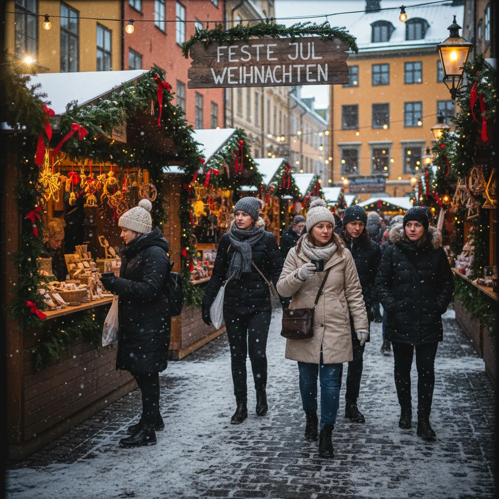 Norwegische Weihnachten mit Kerzen, Tannenbaum und traditionellem Essen