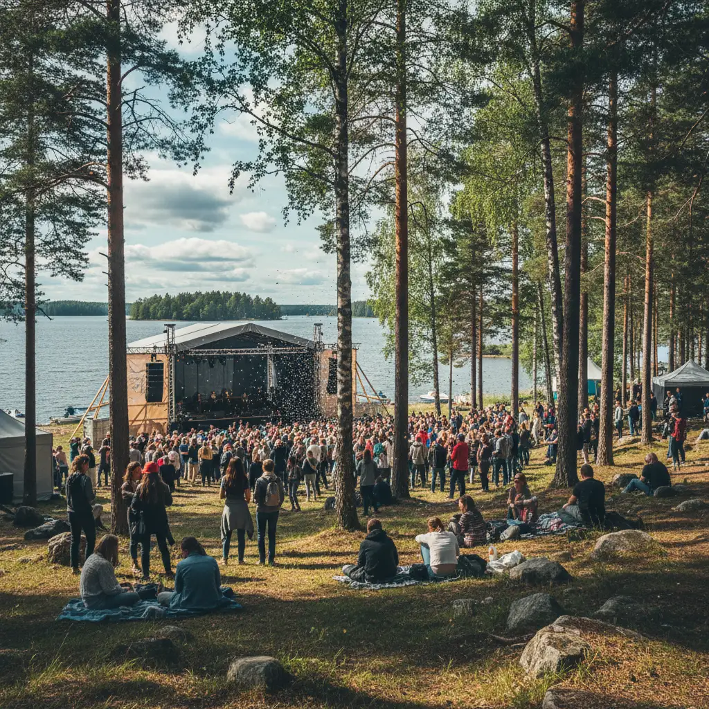 Festivalgelände im Grünen auf einer Insel in Finnland mit Publikum und Bühne zwischen Bäumen