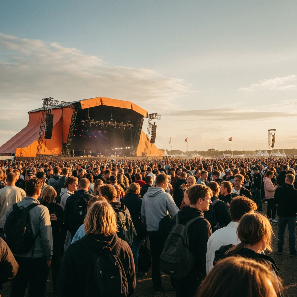 Große Menschenmenge vor der Orange Stage des Roskilde Festivals im Abendlicht