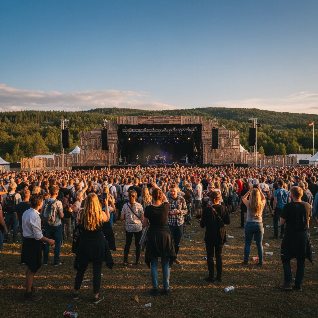 Große Open-Air-Festivalbühne im skandinavischen Sommer mit Menschenmenge im Abendlicht