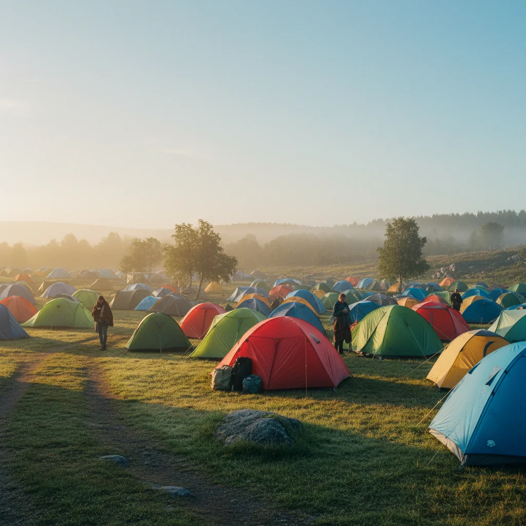 Bunte Zelte auf einem Festivalcampingplatz in Skandinavien im Morgenlicht