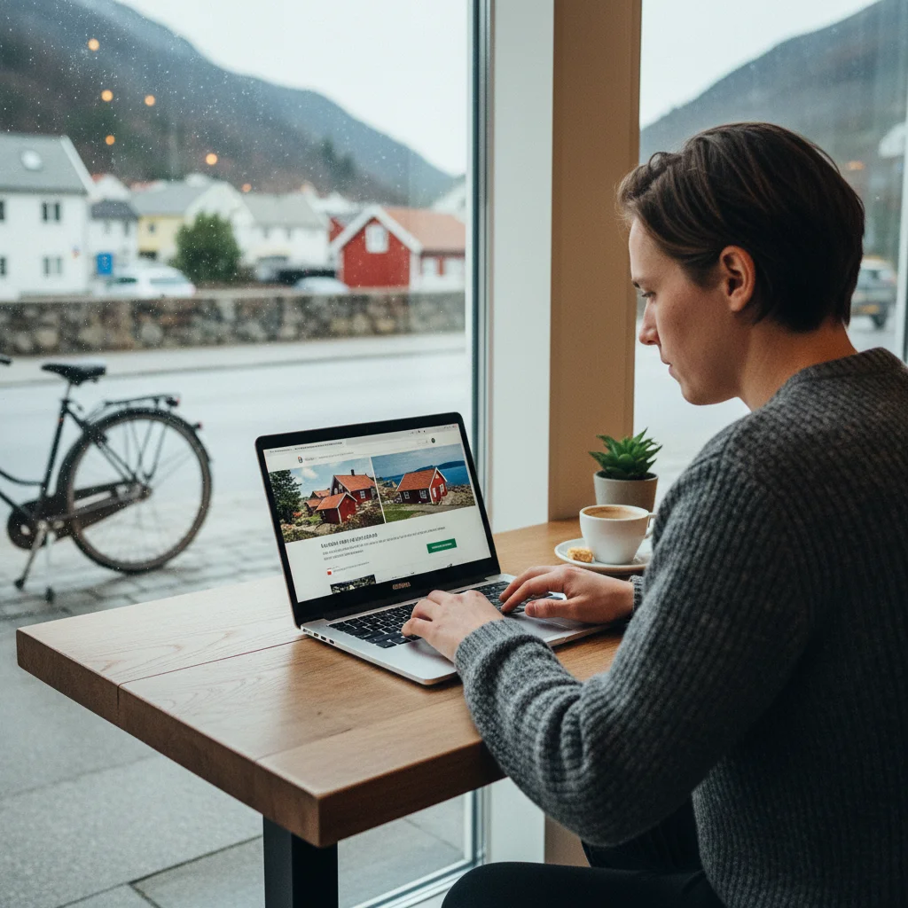 Person bucht ein dänisches Ferienhaus am Laptop