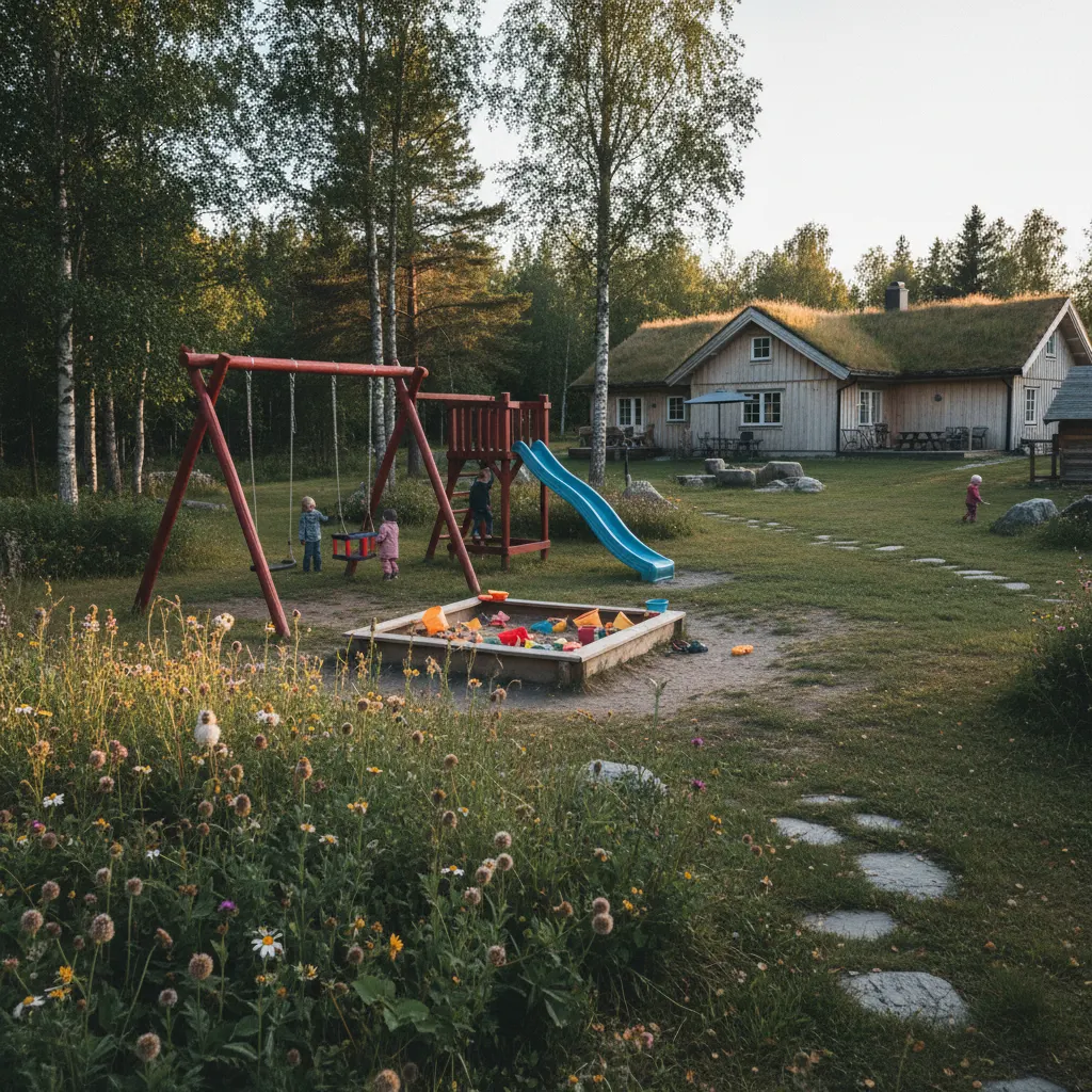 Großer Garten eines Gruppenferienhauses mit Spielgeräten für Kinder