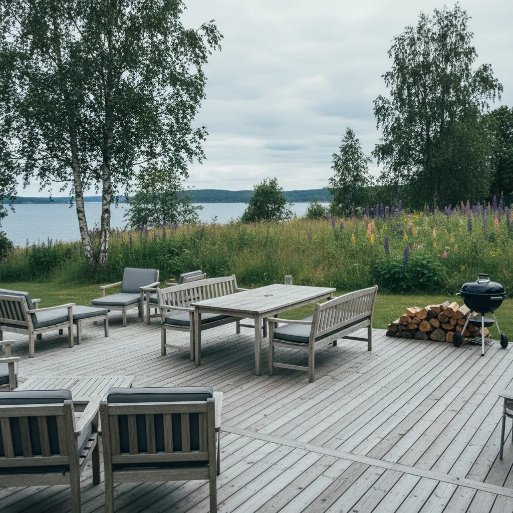 Große Terrasse eines Gruppenferienhauses mit Gartenmöbeln und Grill