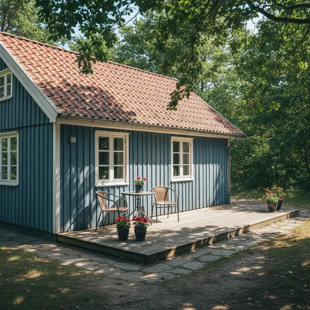Einfaches aber gemütliches dänisches Ferienhaus mit Holzverkleidung und Terrasse