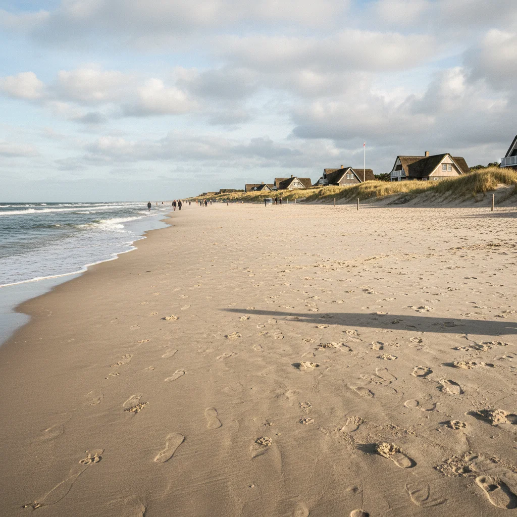 Breiter Sandstrand an der dänischen Nordseeküste mit Ferienhäusern im Hintergrund