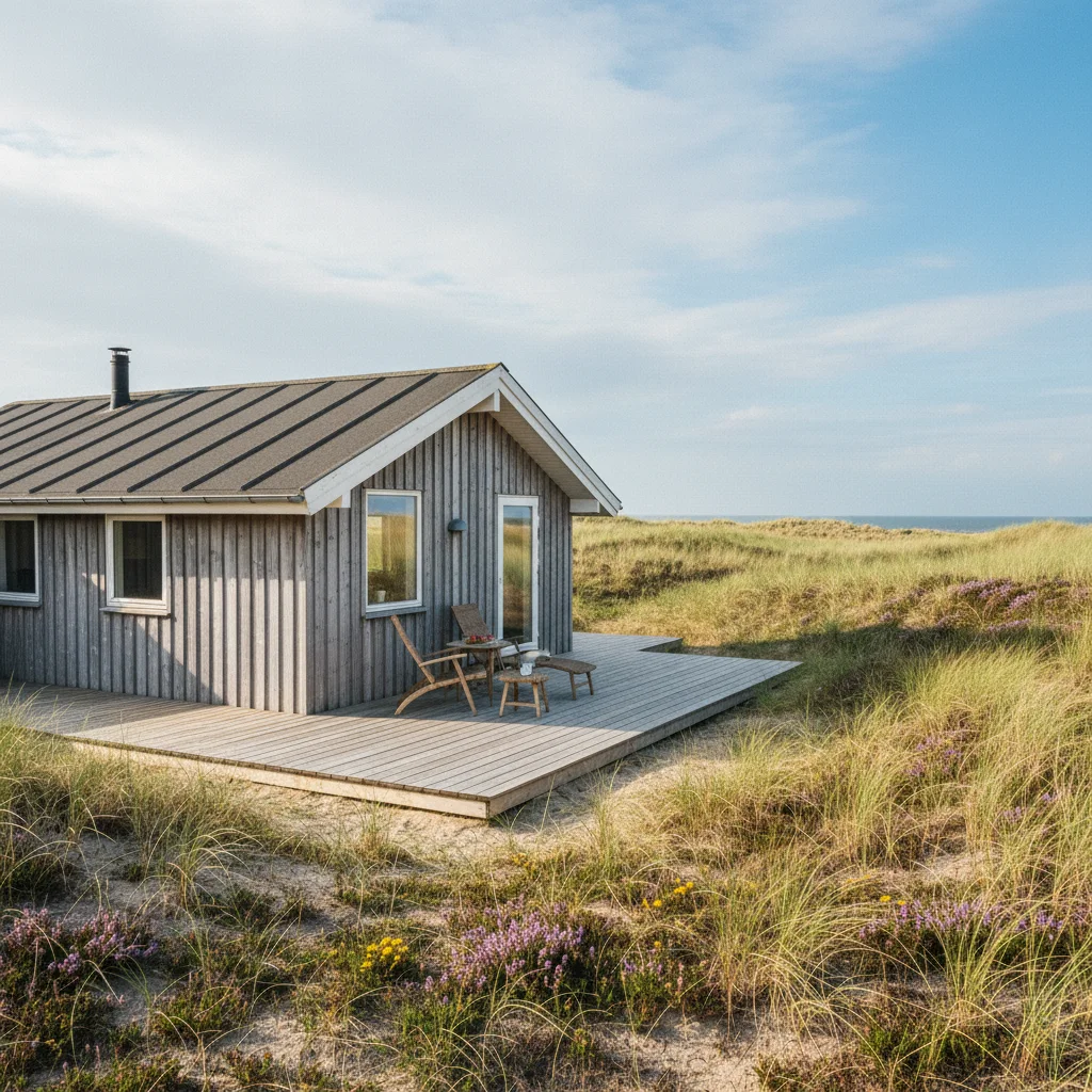 Gemütliches dänisches Ferienhaus in einer Dünenlandschaft mit Holzterrasse