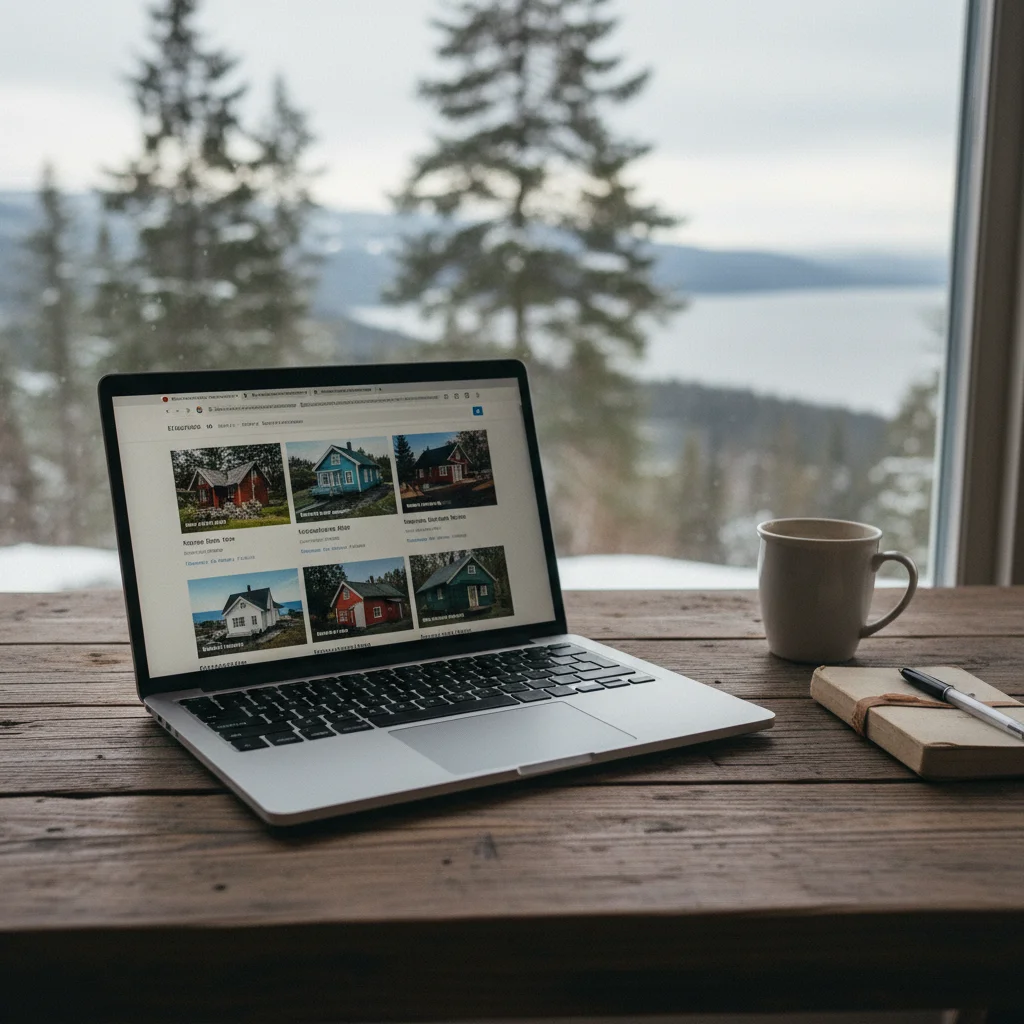 Laptop auf einem Holztisch mit verschiedenen Ferienhausportalen auf dem Bildschirm