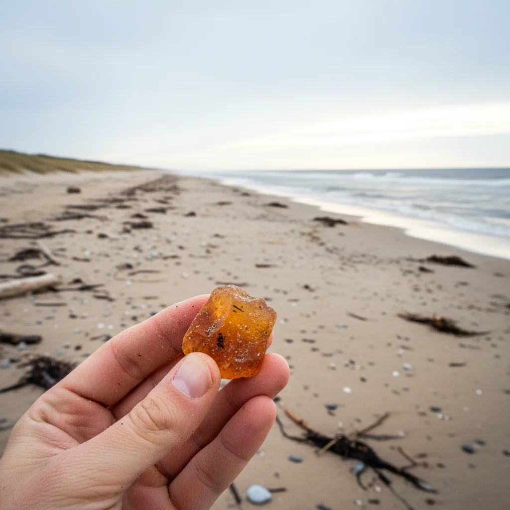 Bernsteinfund am dänischen Nordseestrand im Herbst