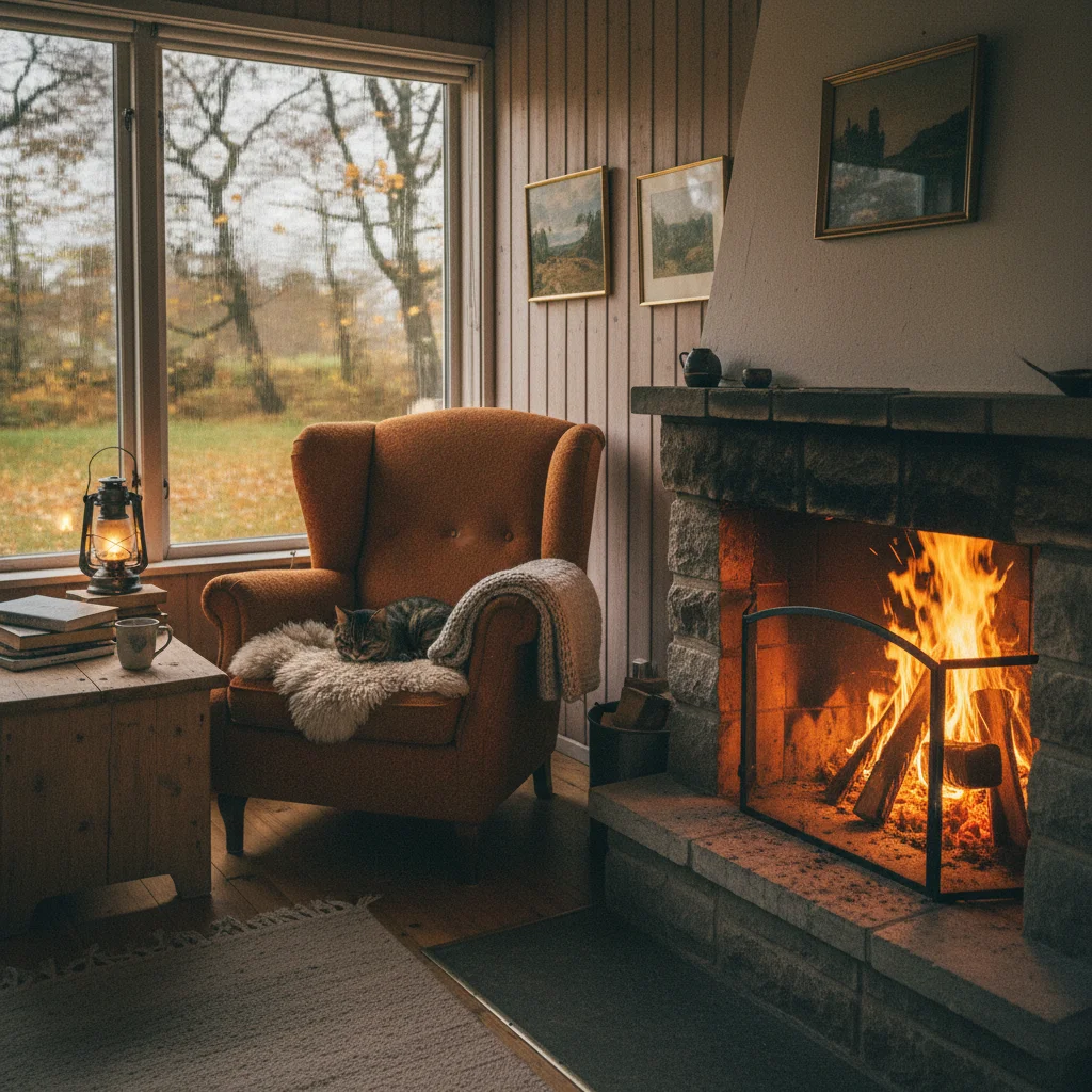 Gemütlicher Kaminabend in einem dänischen Ferienhaus im Herbst