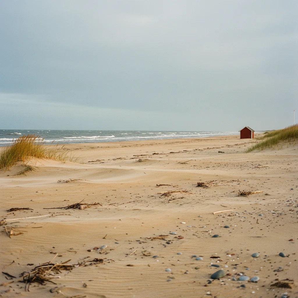 Menschenleerer Strand an der dänischen Nordsee im Herbst