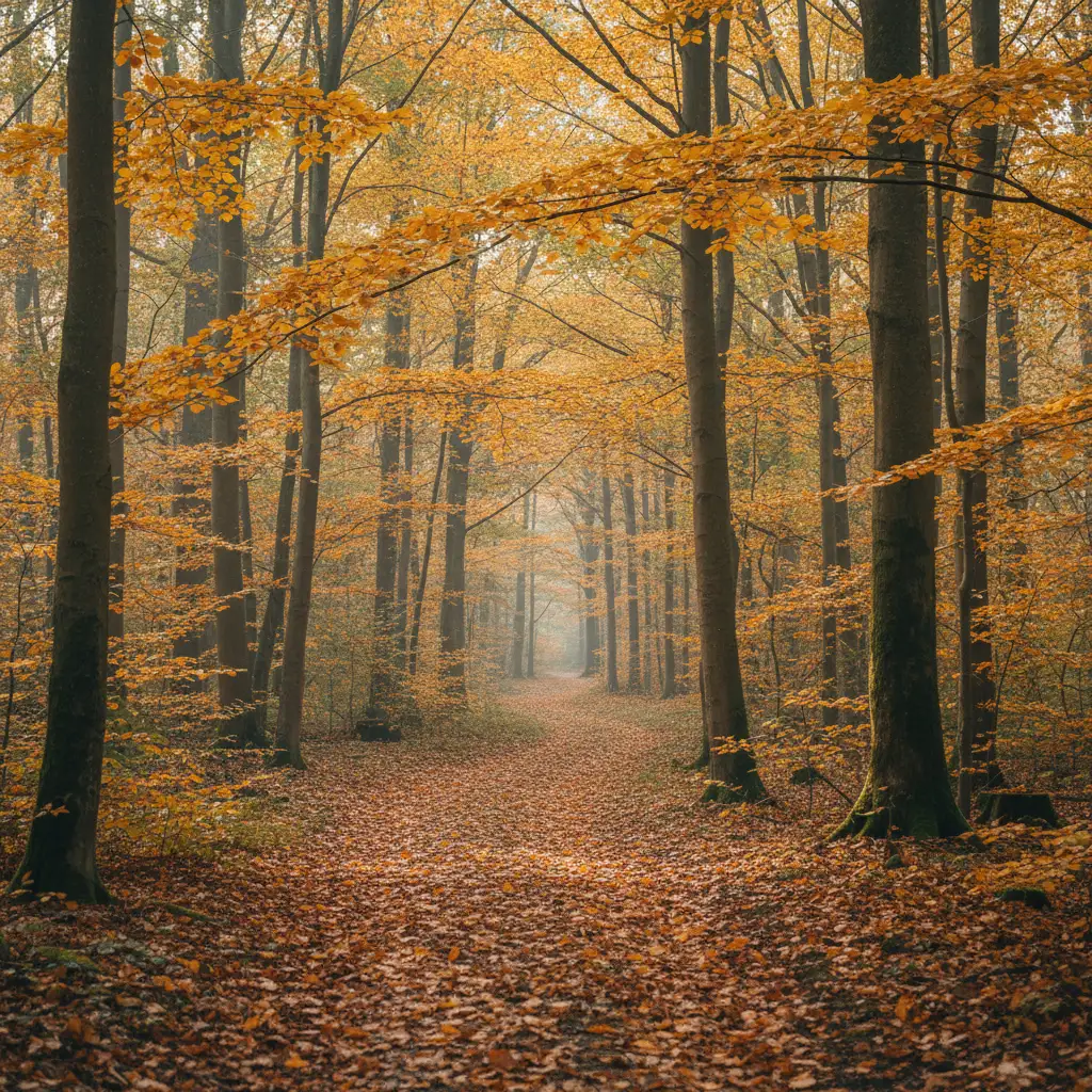 Herbstlich gefärbter Wald in Dänemark mit goldenem Laub
