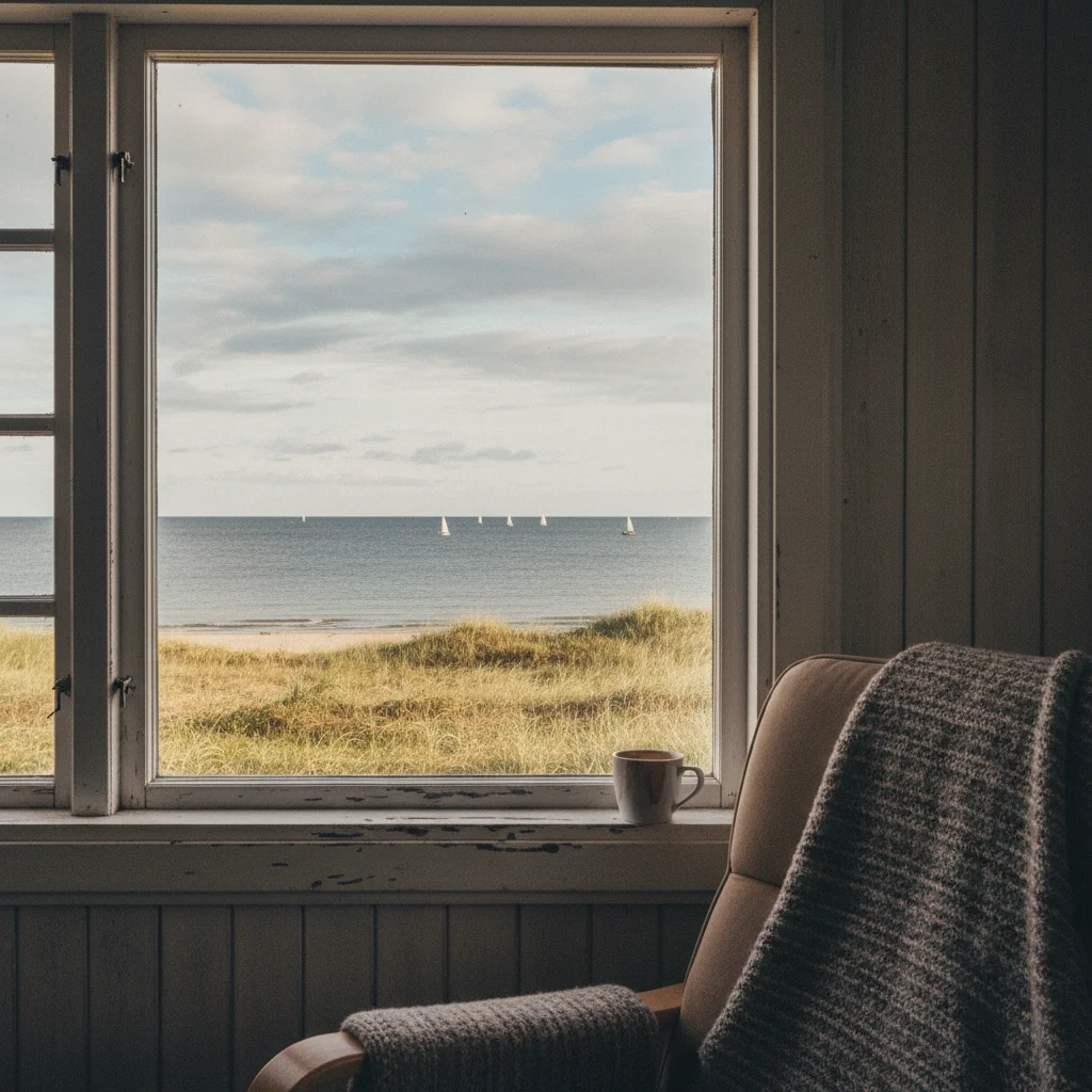 Blick aus dem Fenster eines dänischen Ferienhauses auf das Meer